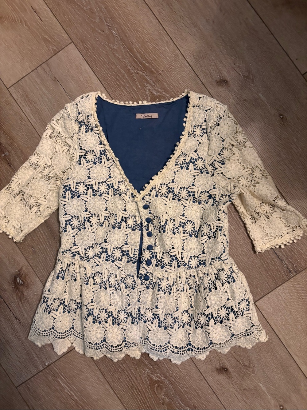 Darling Cream Crochet Lace Peplum Blouse with Navy Lining